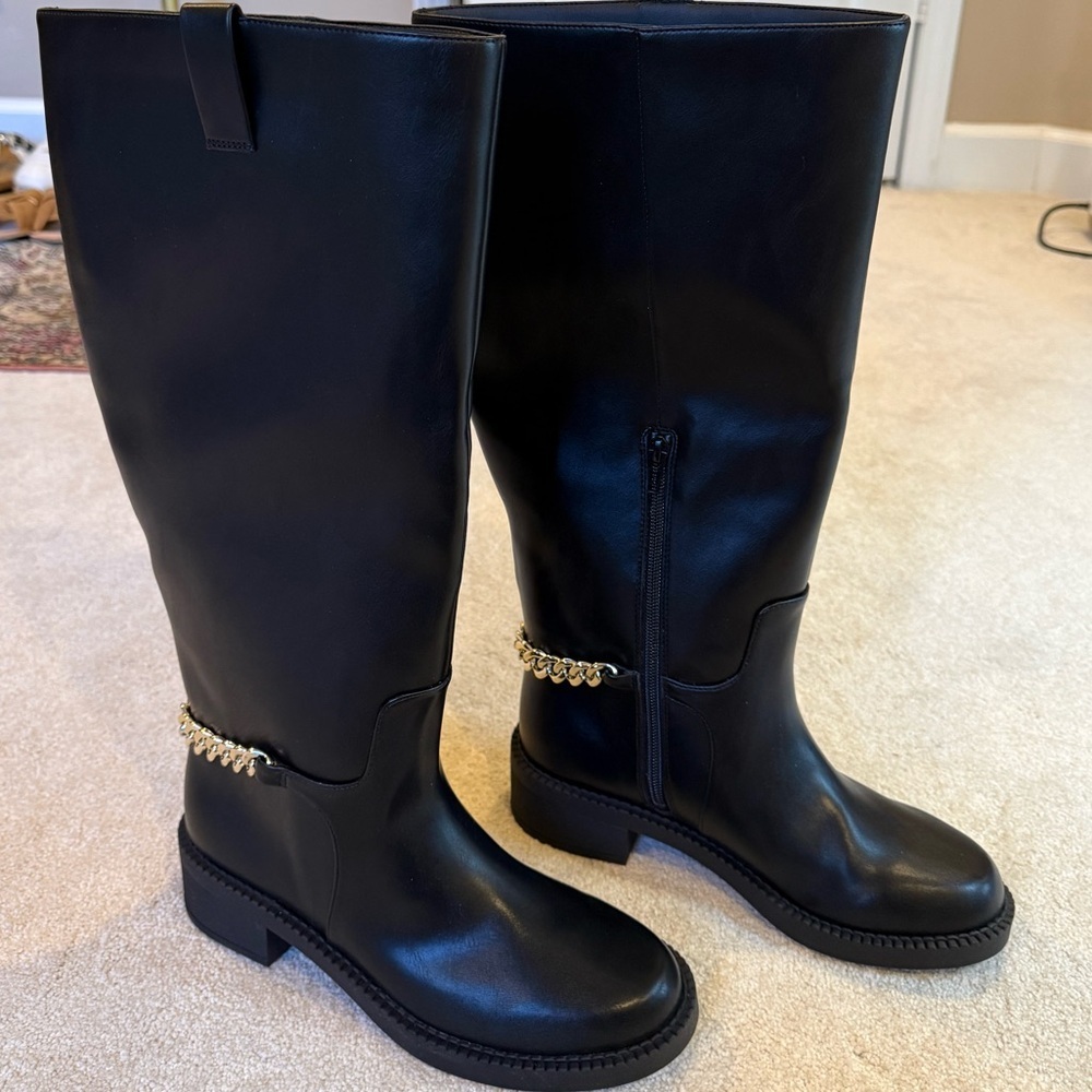 NWT A New Day Bobbi Boots Black Knee High Faux Leather Boots Gold Chain Size 7.5 - Picture 2 of 11